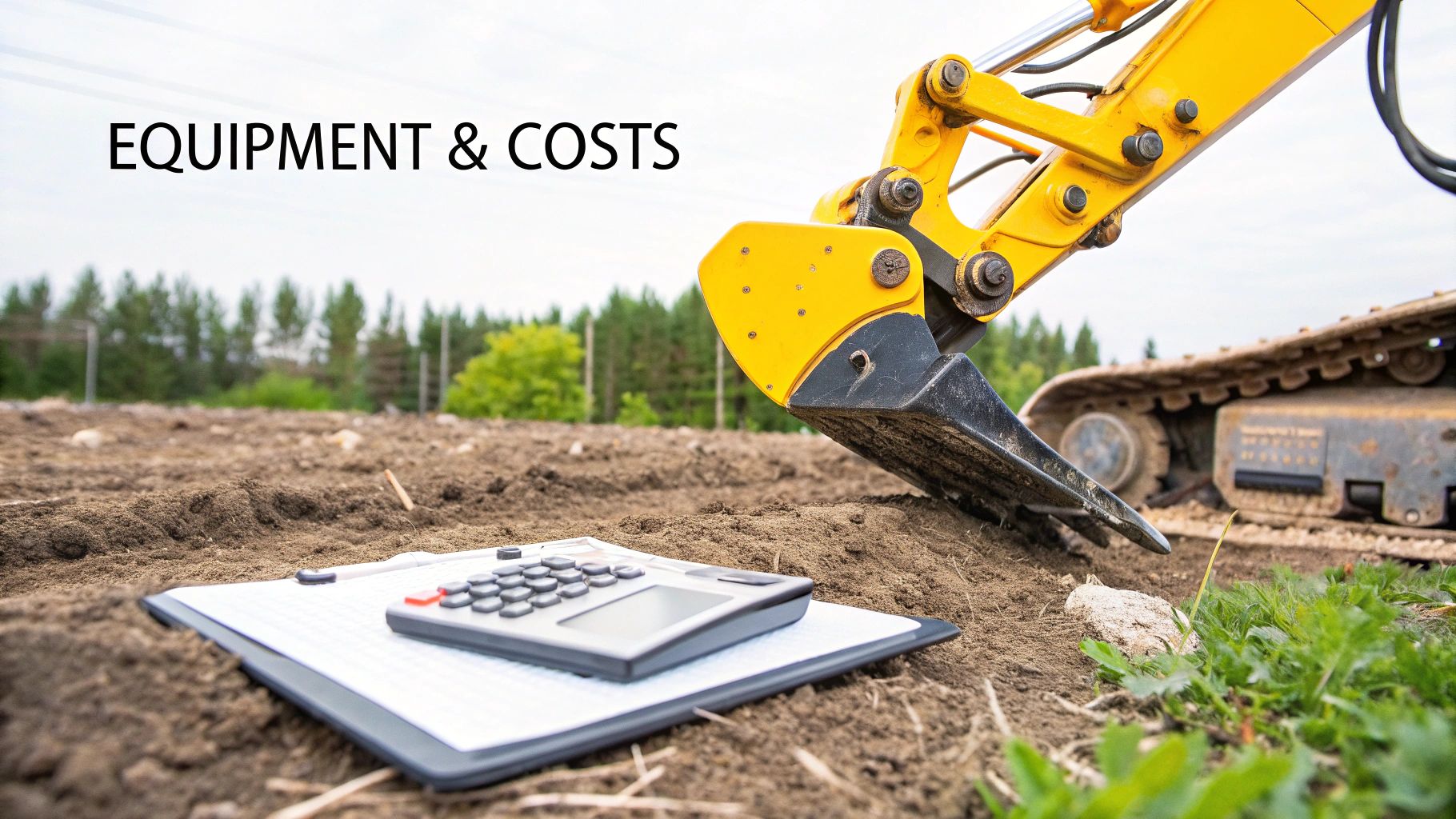 An excavator's arm and bucket over bare ground with a calculator and clipboard, titled 'EQUIPMENT &amp; COSTS'.