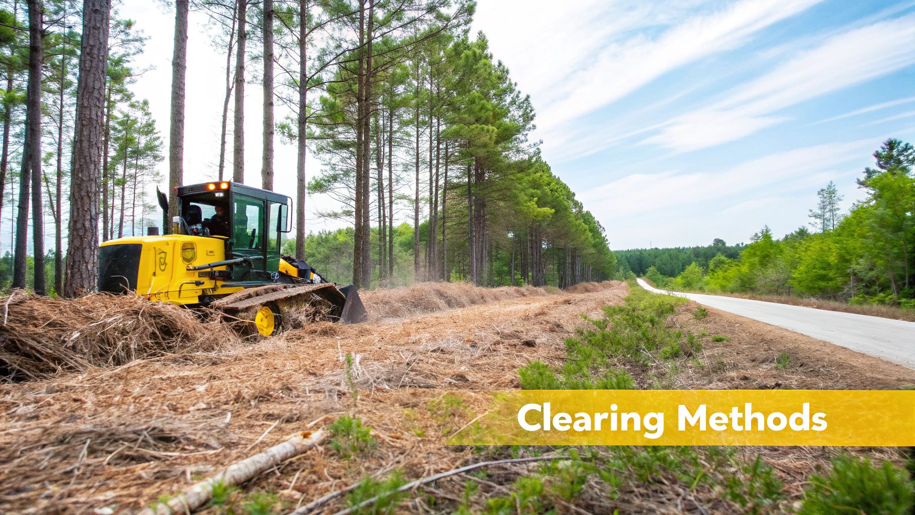 Yellow bulldozer clearing brush and debris along forested roadside during land clearing operation