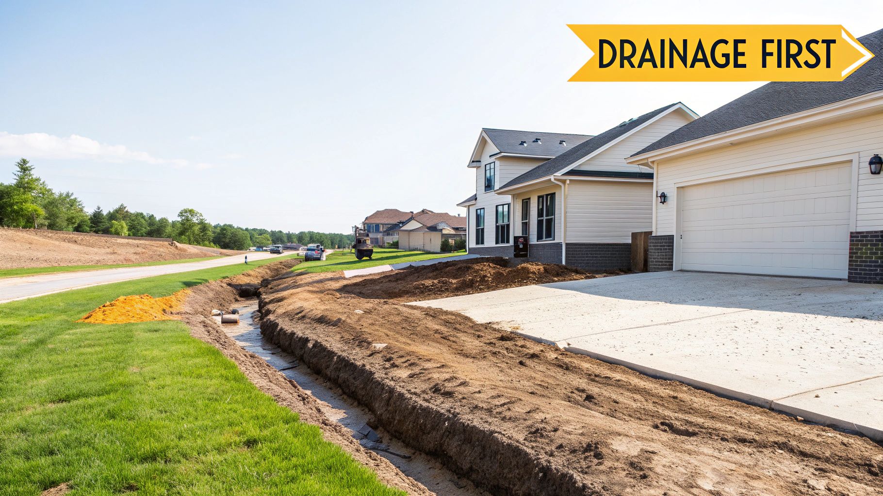 Construction site with new homes, a road, and a newly dug drainage ditch for land preparation.
