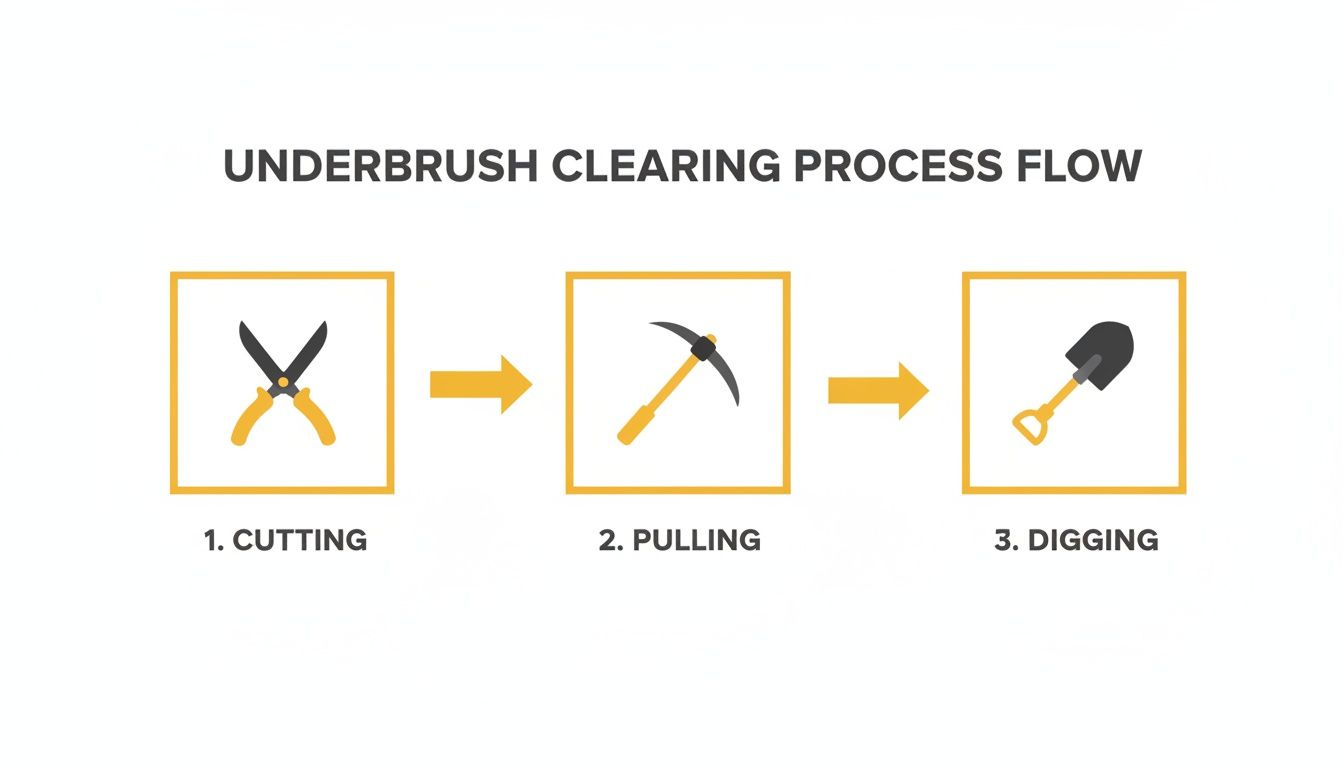 Flowchart illustrating three manual steps for underbrush clearing: cutting, pulling, and digging with tools.