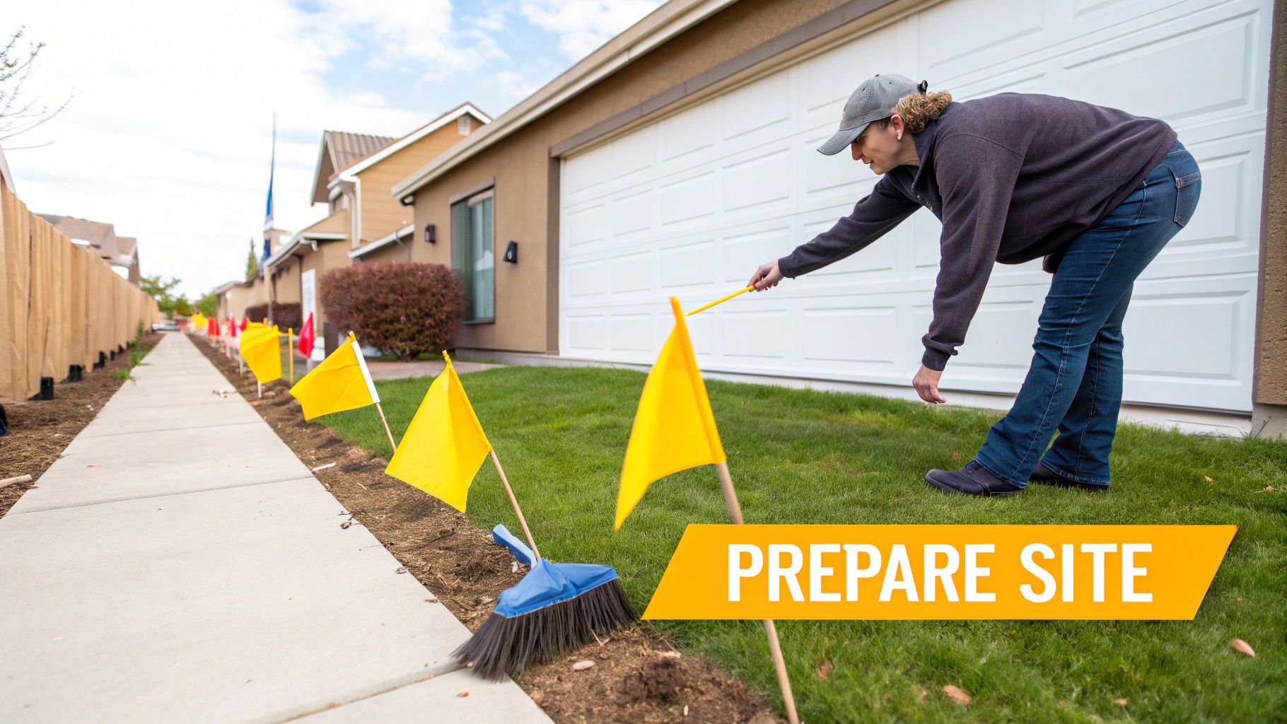An organized property ready for brush clearing, with visible flags marking key areas.