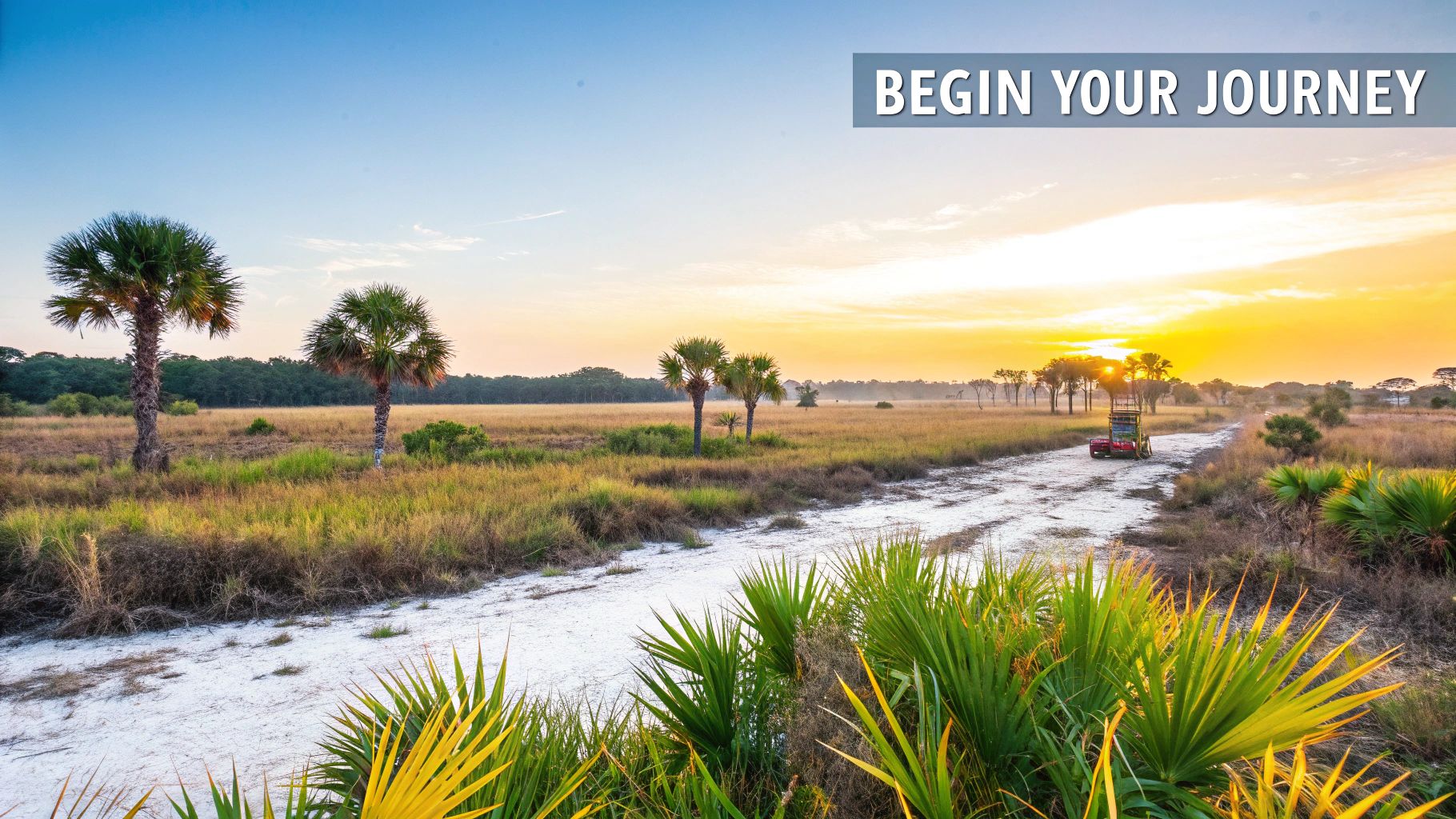 A vibrant sunrise illuminates a dirt path winding through a field with palm trees and a vehicle.