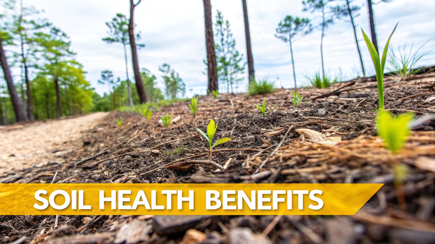 Young green seedlings sprout from rich soil with a forest in the background, promoting &#39;Soil Health Benefits&#39;.