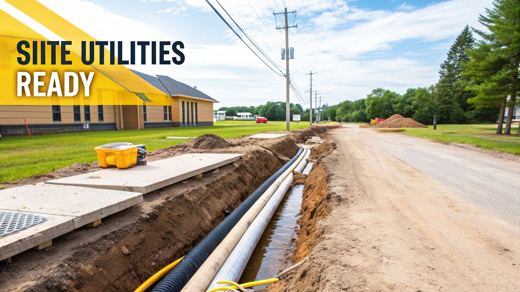 A construction site shows an open trench with pipes for new utilities near a building.
