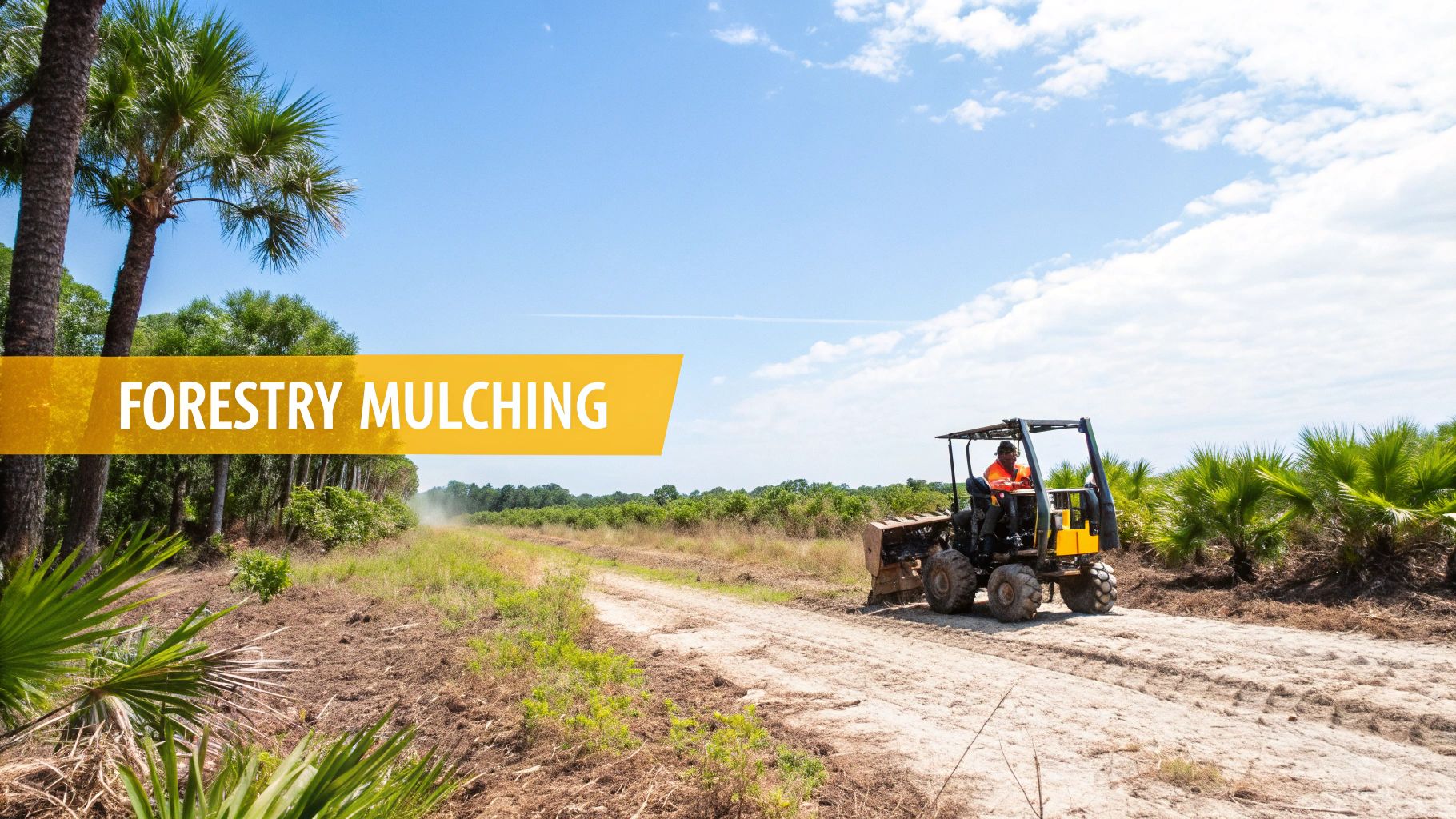 A person operates a forestry mulching machine on a dirt road, clearing vegetation under a bright blue sky.