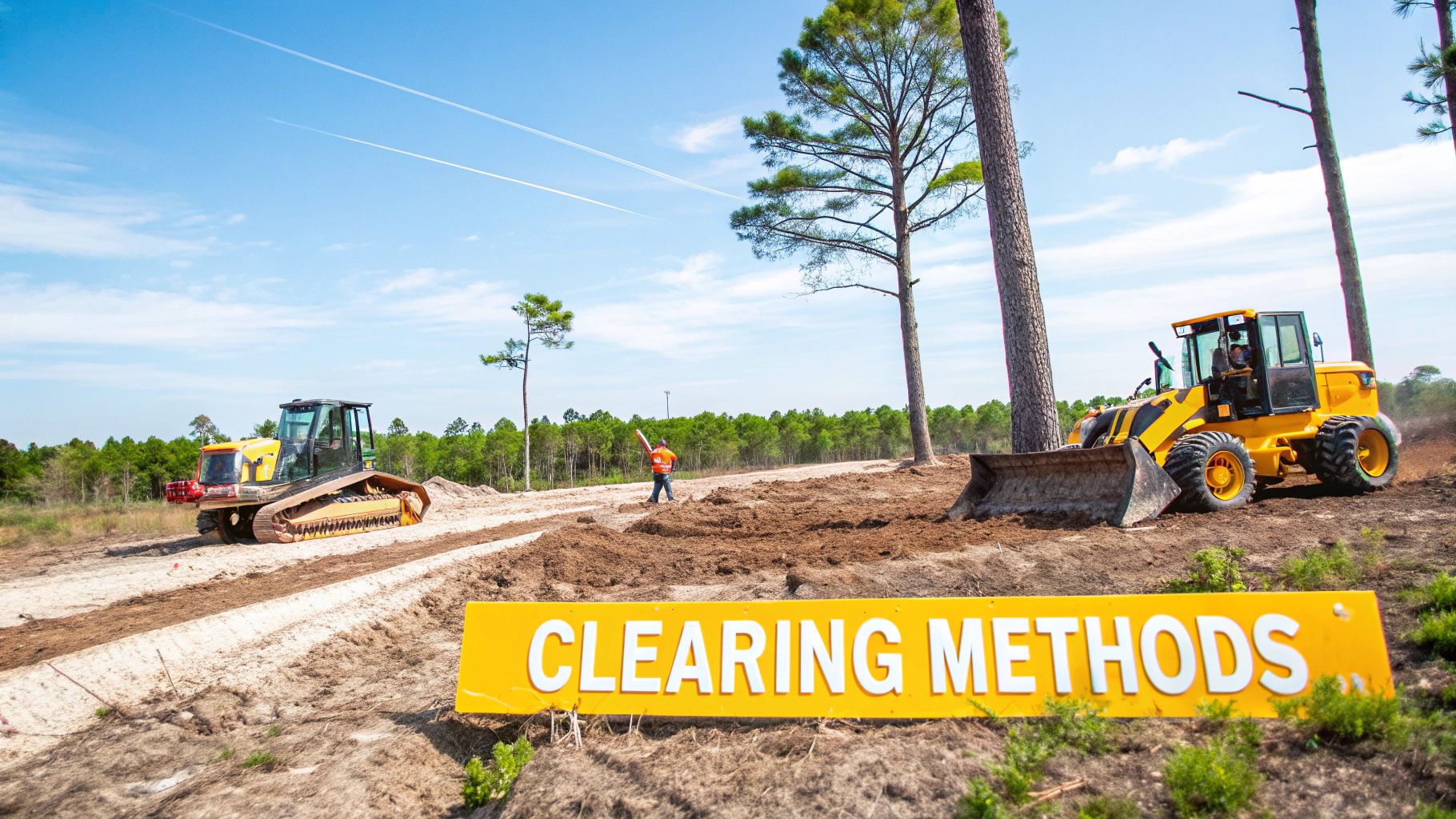 Bulldozer, wheel loader, and worker on a land clearing site with a 'CLEARING METHODS' sign.