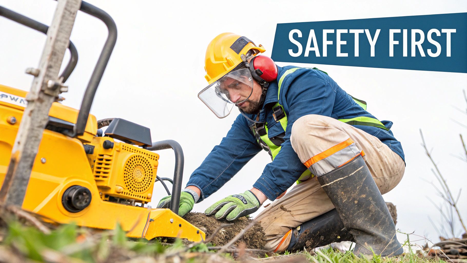 A person wearing full safety gear stands next to an underbrush clearing machine.