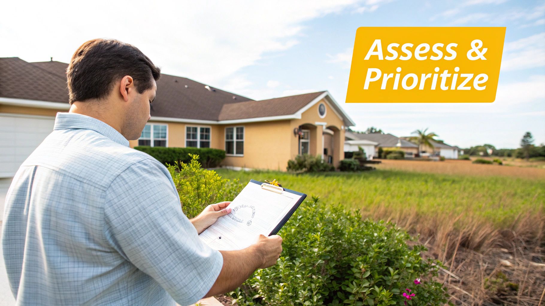 A man in a plaid shirt holds a clipboard, assessing a property with a house and field.