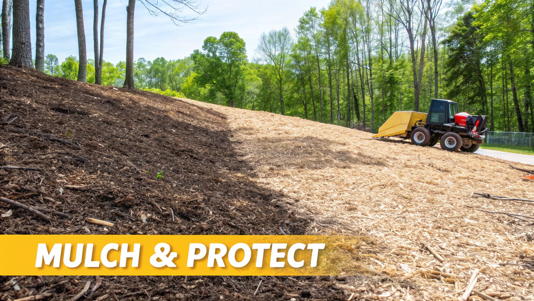 A specialized machine applies wood chip mulch to a sloping hillside, showing landscape protection.