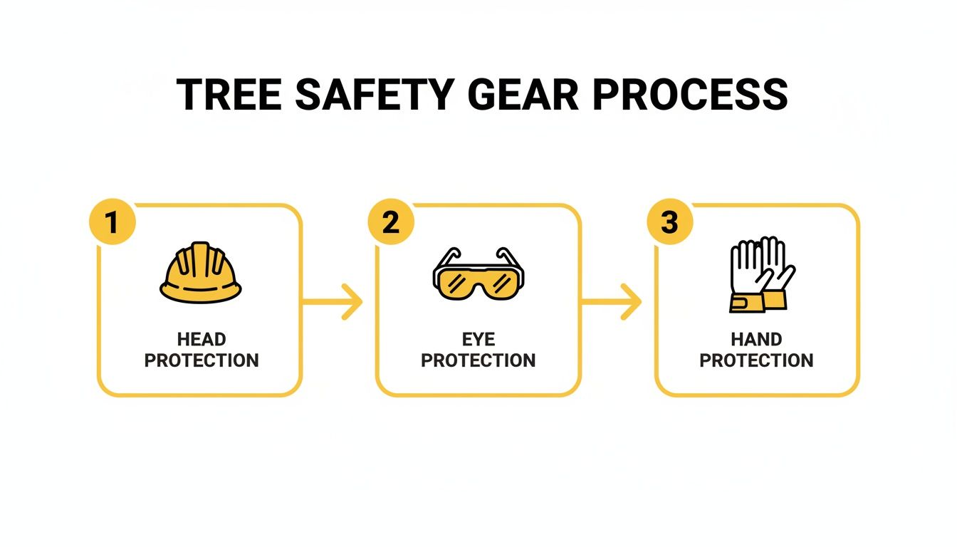 Infographic showing a three-step tree safety gear process: head protection, eye protection, and hand protection.