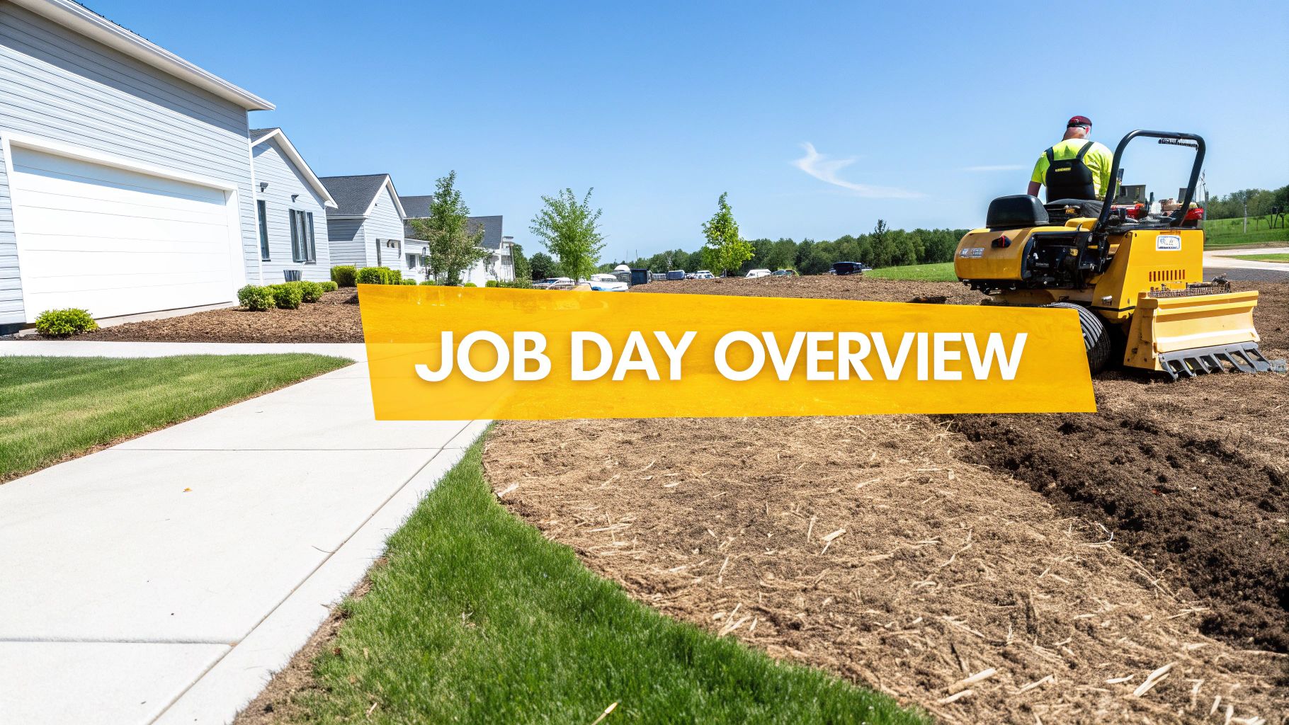 A worker operates a yellow landscaping machine preparing soil next to new homes and a sidewalk, with "JOB DAY OVERVIEW" text.