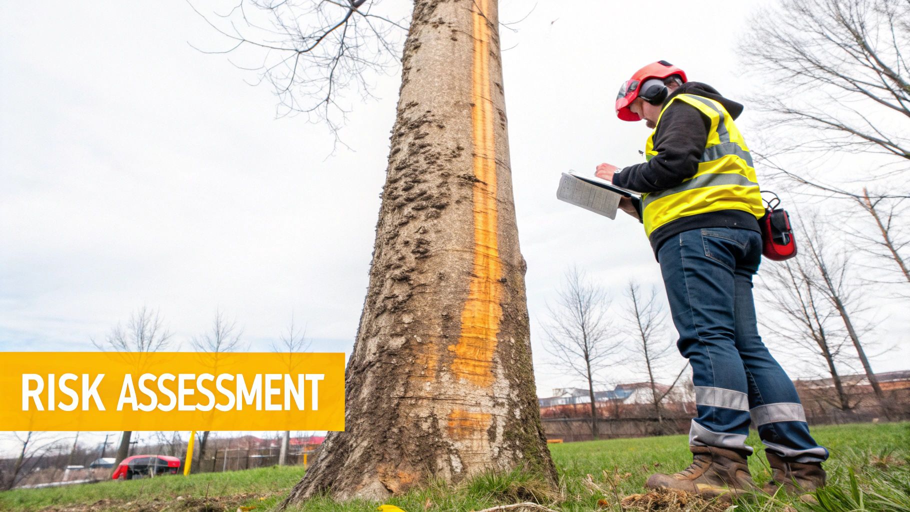 Arborist in safety gear conducting a risk assessment on a marked tree outdoors, taking notes.