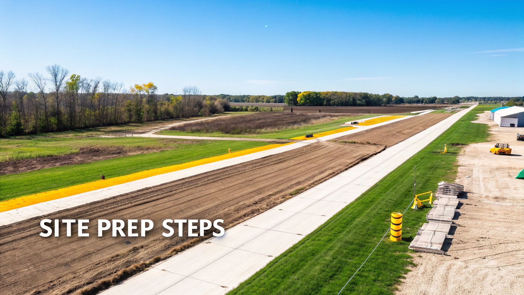 Aerial view of a large site undergoing preparation with cleared land, paved paths, and orange ground cover.