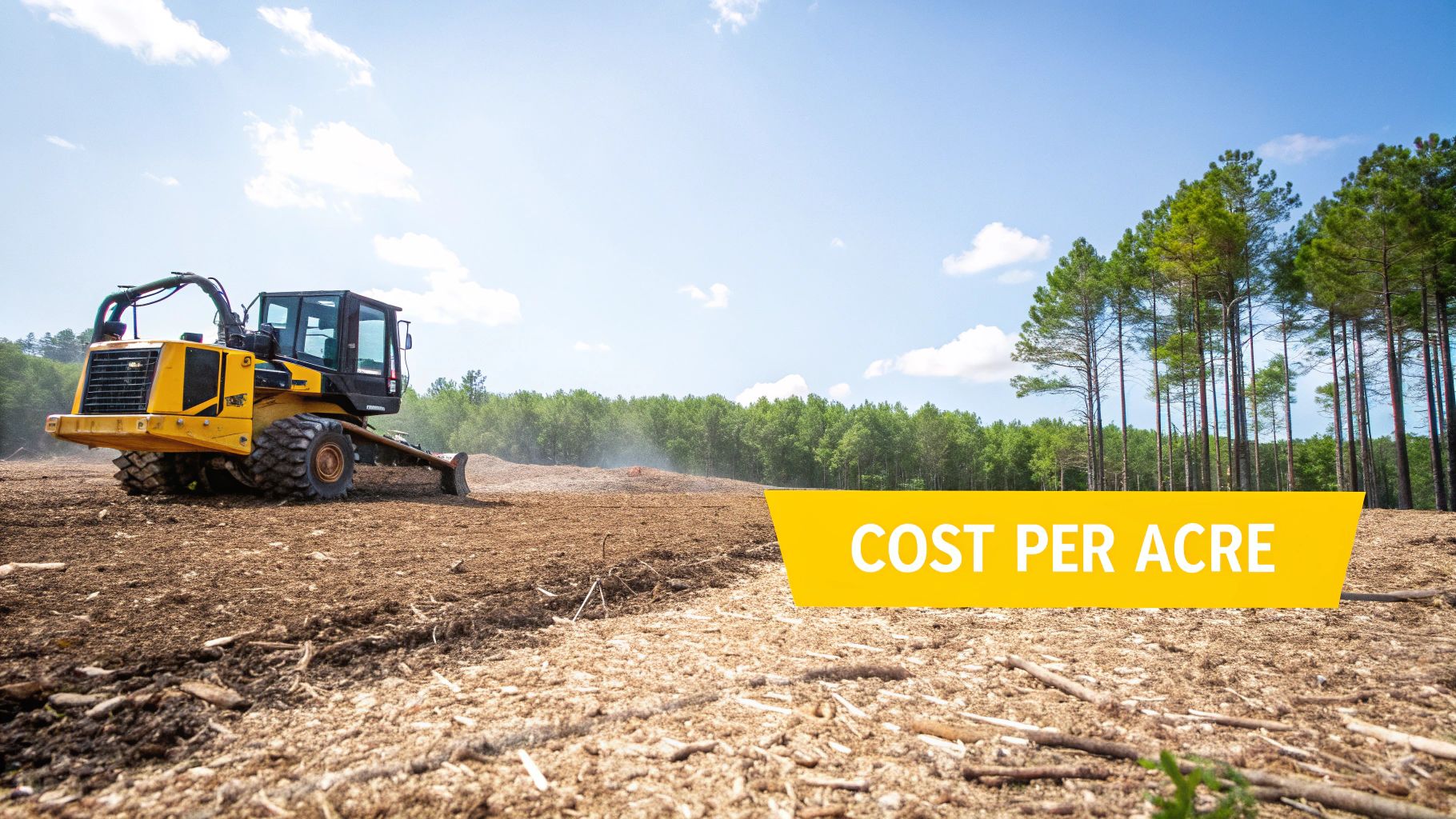 A forestry mulcher clearing dense underbrush and small trees in a wooded area.