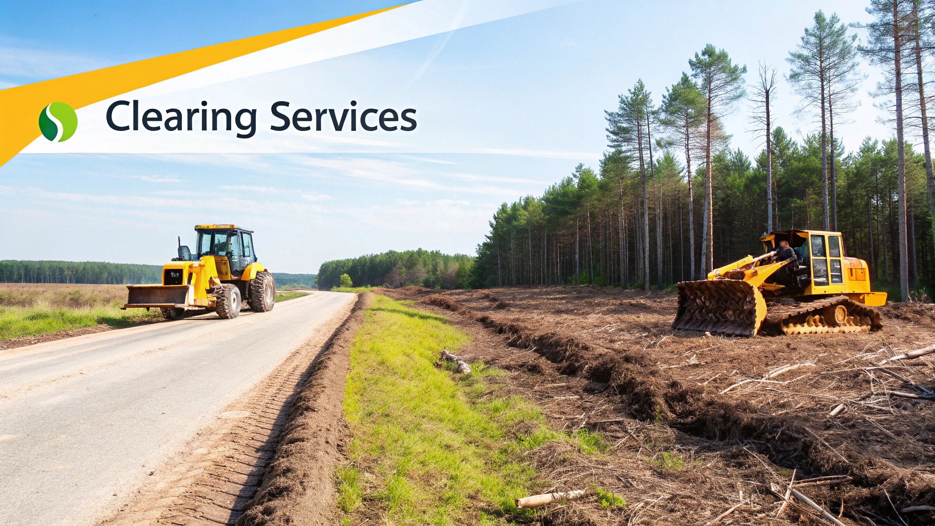 Two yellow heavy equipment vehicles, a tractor on a road and a bulldozer clearing land by a forest.