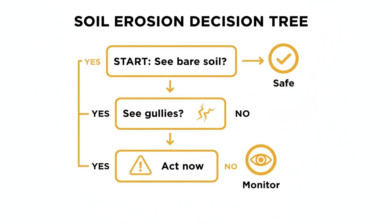 A soil erosion decision tree flowchart outlining steps: see bare soil, see gullies, then act or monitor.