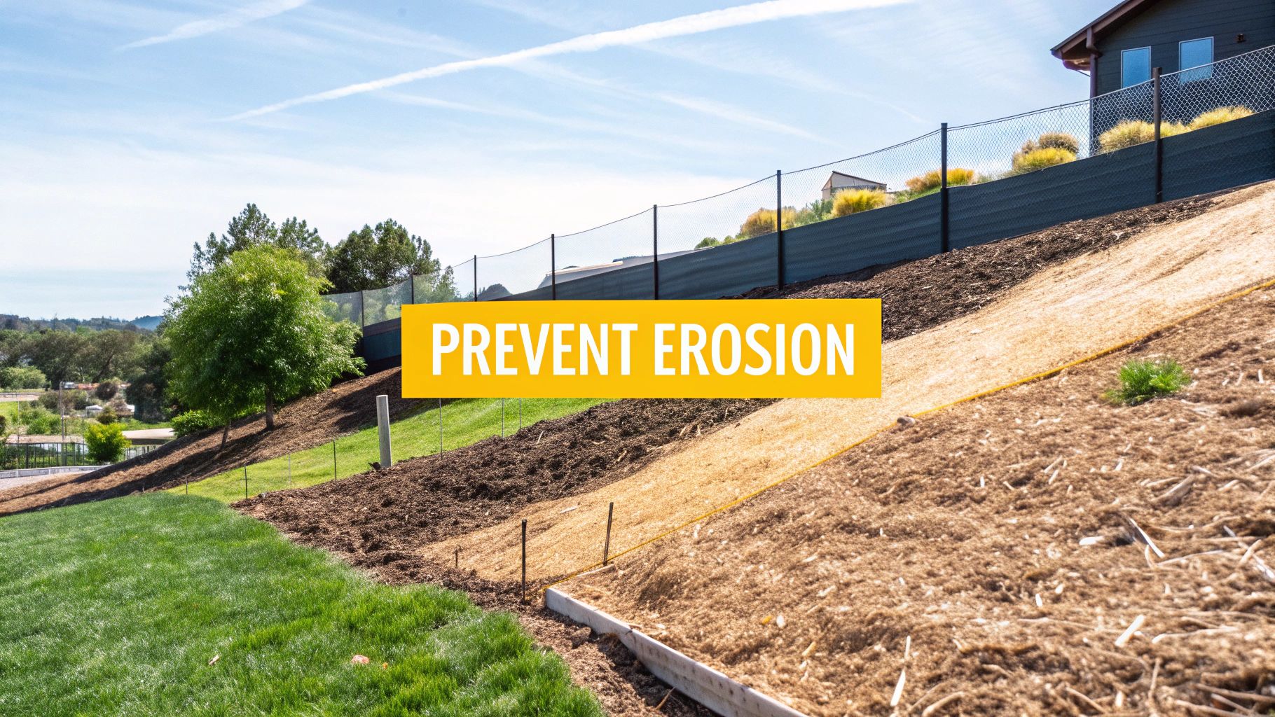 A silt fence installed along the perimeter of a newly cleared piece of land, with mulch spread across the ground.