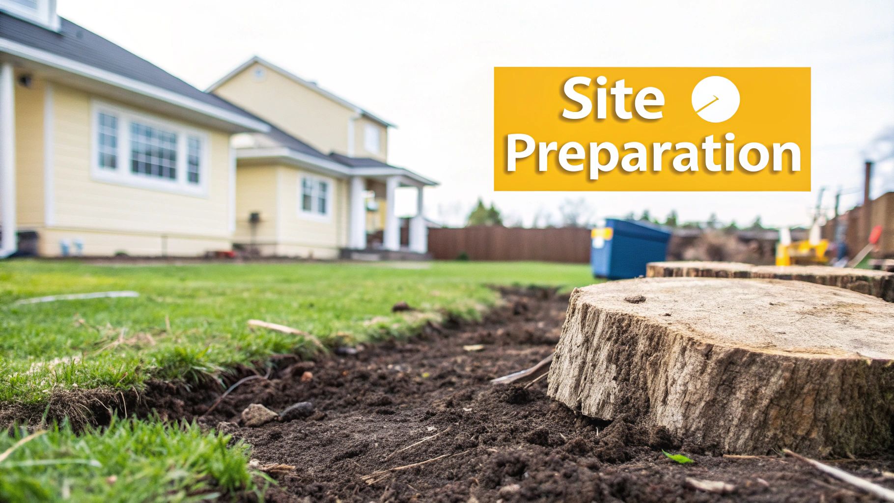 A backyard undergoing site preparation with freshly cut tree stumps, soil, and grass, with houses in the background.