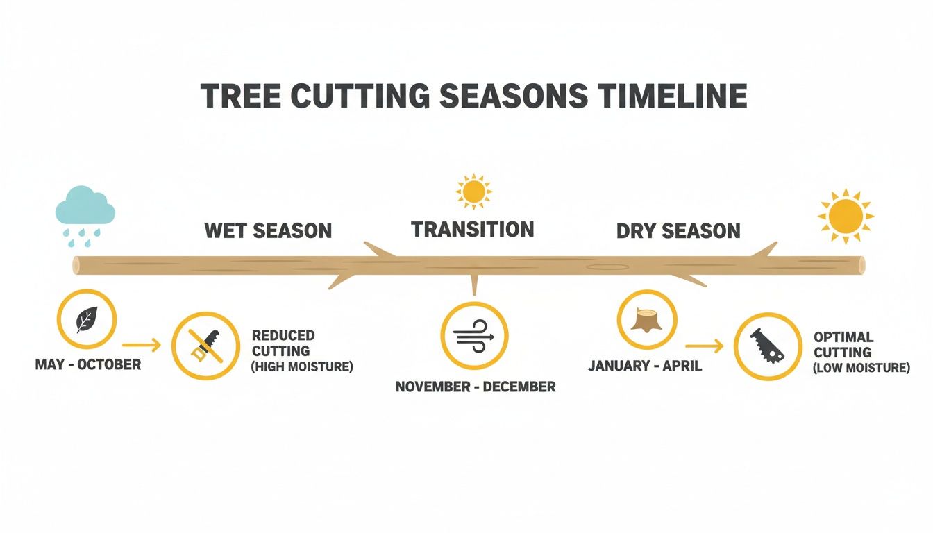 Infographic showing a tree cutting seasons timeline: wet season (May-October) for reduced cutting, transition (November-December), and dry season (January-April) for optimal cutting.