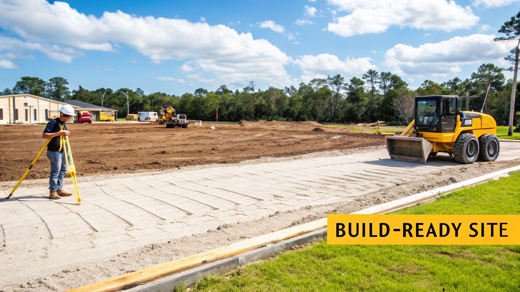 A construction site being prepared, with a surveyor and a front-end loader, ready for building.