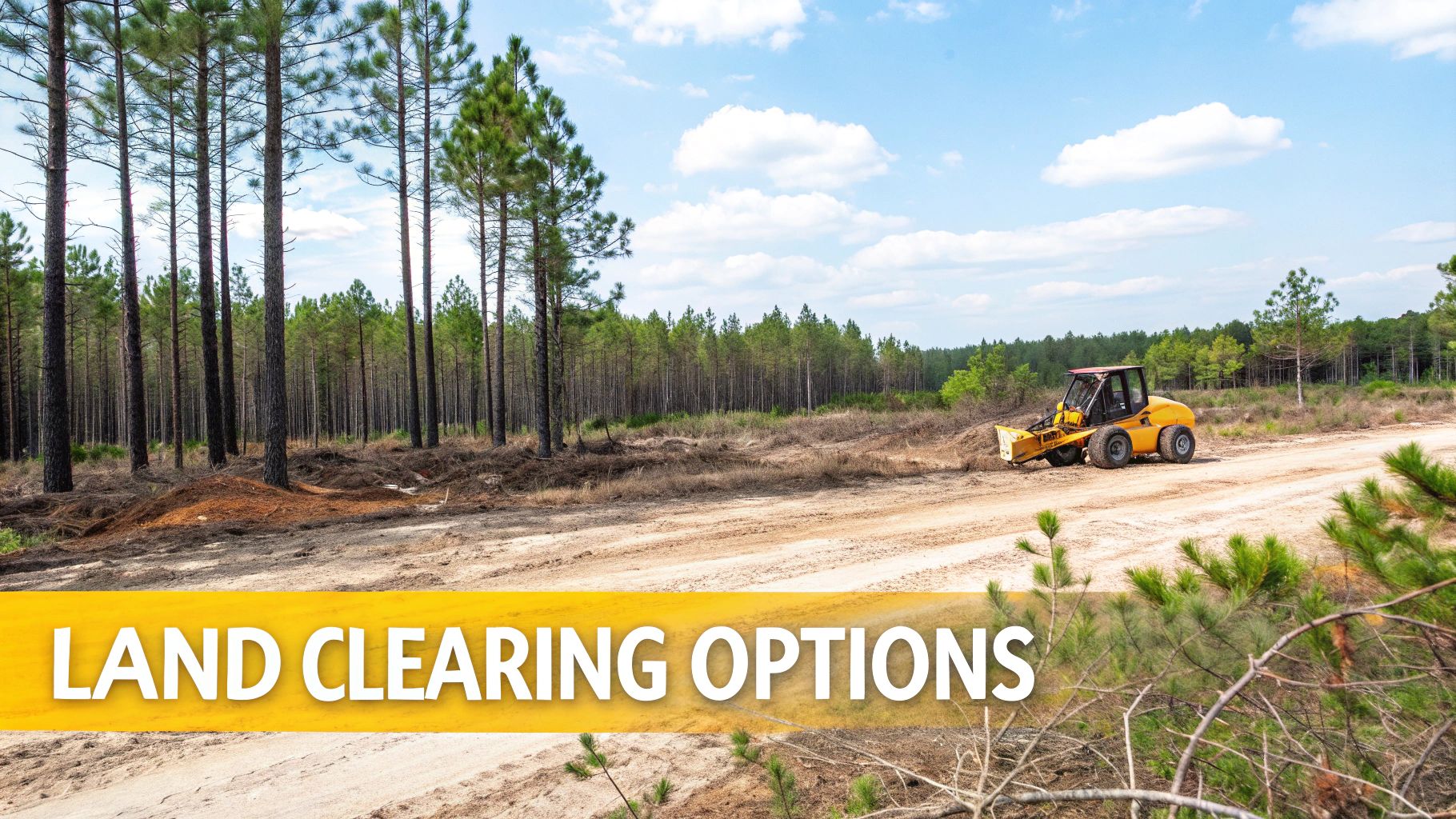 A yellow land clearing machine on a dirt road in a partially cleared pine forest under a blue sky.