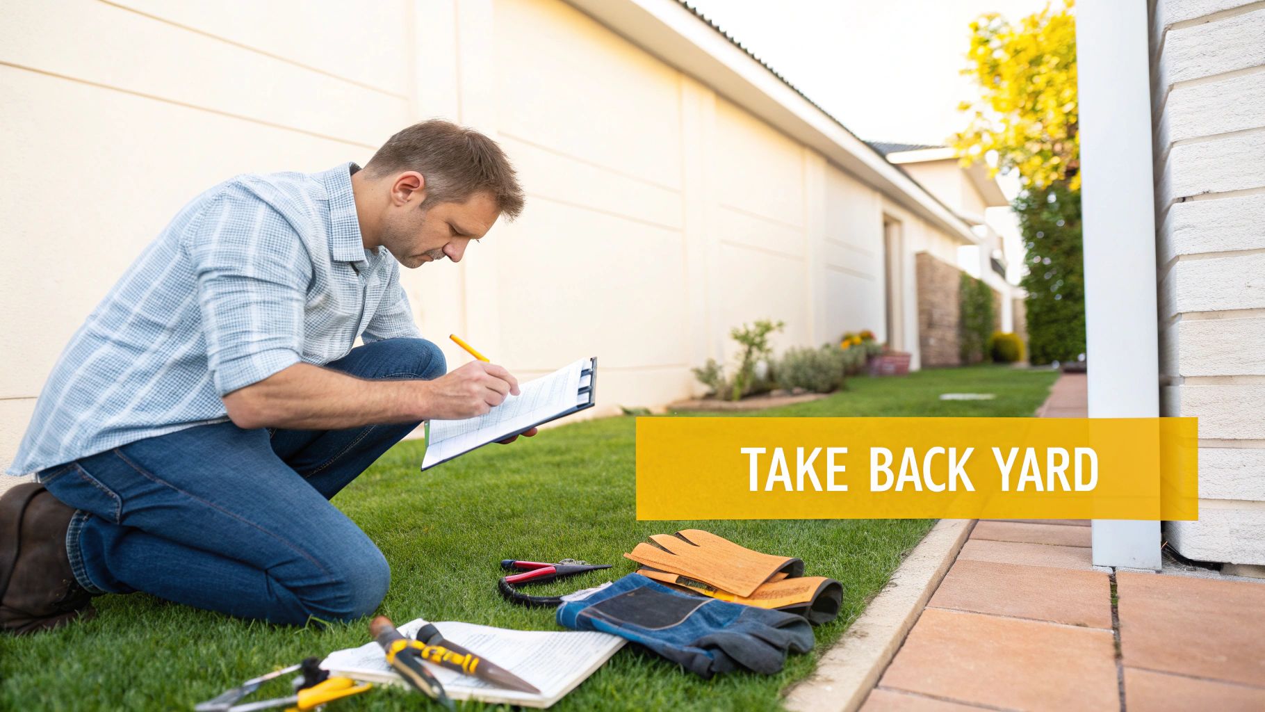 A person&#39;s gloved hands carefully pulling a small invasive weed from the soil in a garden bed.