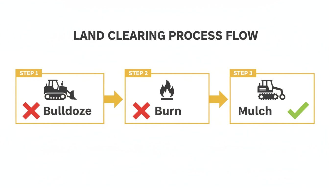 A diagram illustrating the land clearing process, recommending mulching over bulldozing and burning.