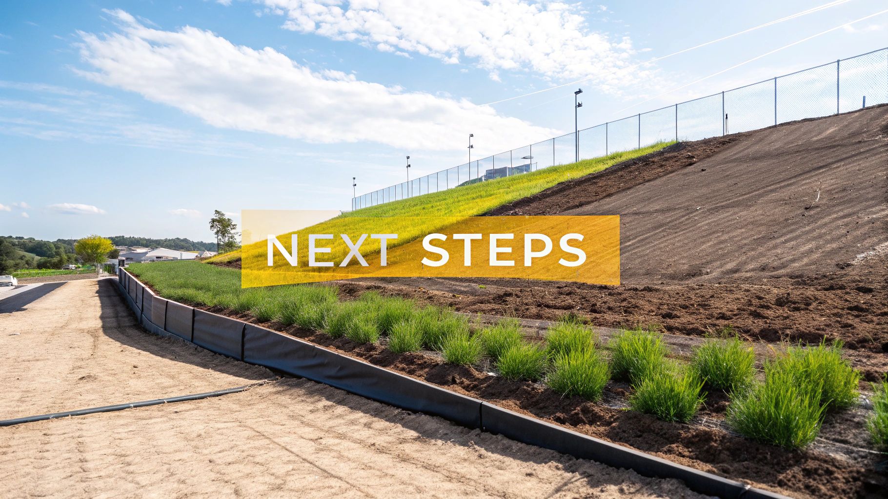 A construction site showing new plantings, bare ground, a fenced slope, and 'NEXT STEPS' text overlay.