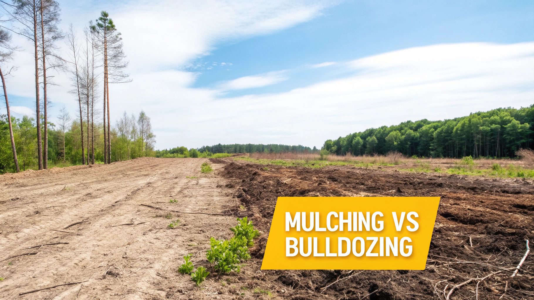 A landscape illustrating land clearing, with bare earth on the left and mulched soil on the right, under a blue sky.