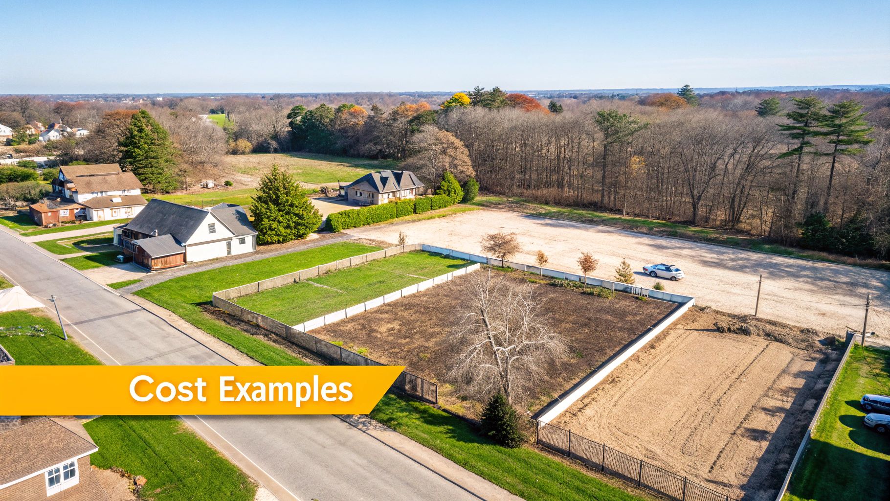 Aerial view of residential homes next to various plots of land, some cleared, some grassy, with distant trees.