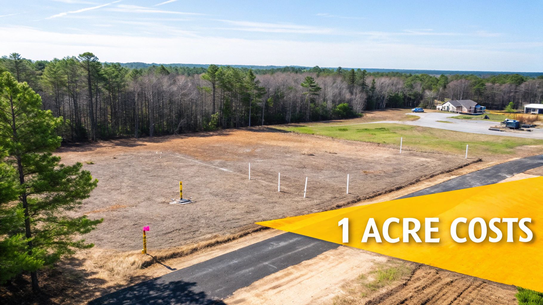 Aerial view of a large, cleared plot of land with an asphalt road and surrounding forest, indicating land costs.