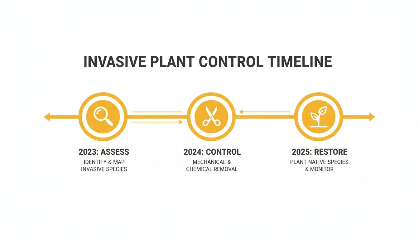 A three-year timeline illustrating invasive plant control steps: assess, control, and restore with corresponding years.