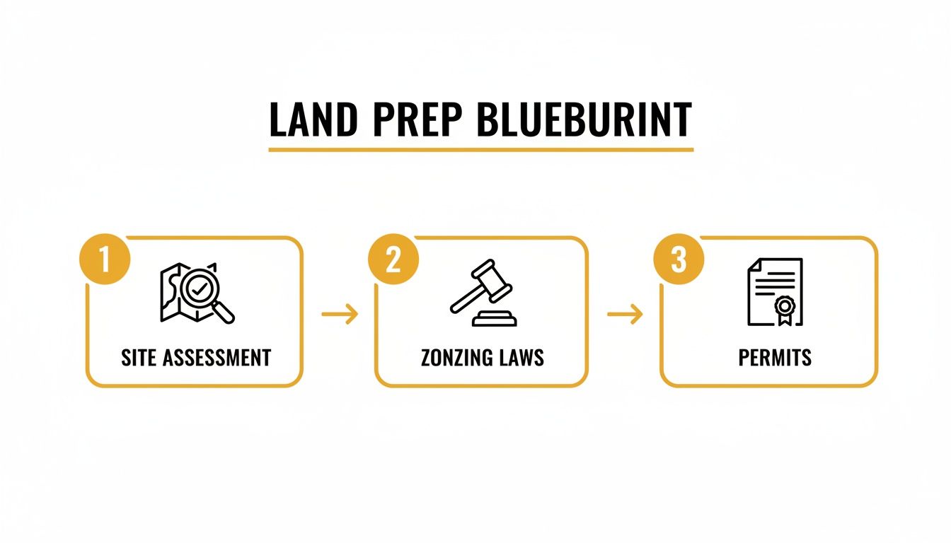 Infographic showing three crucial steps for land preparation: site assessment, zoning laws, and permits.