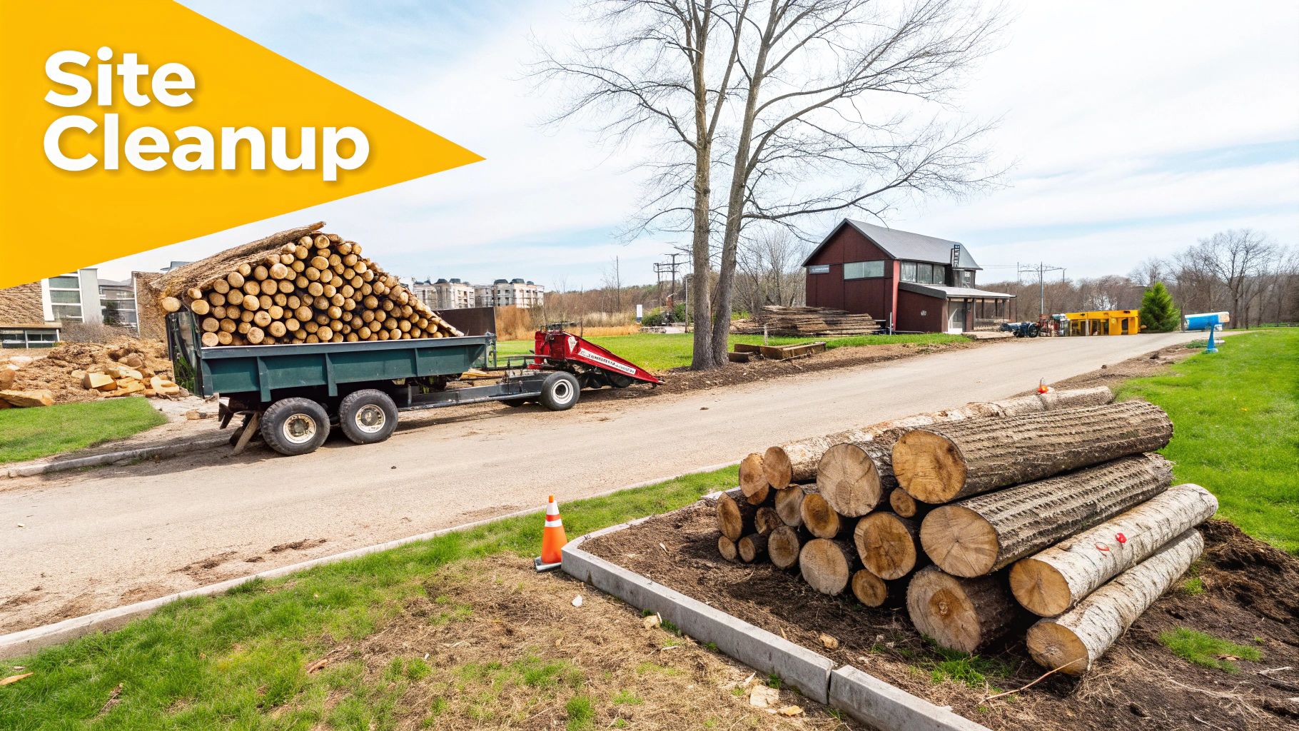 A large pile of cleared trees and brush on a construction site.