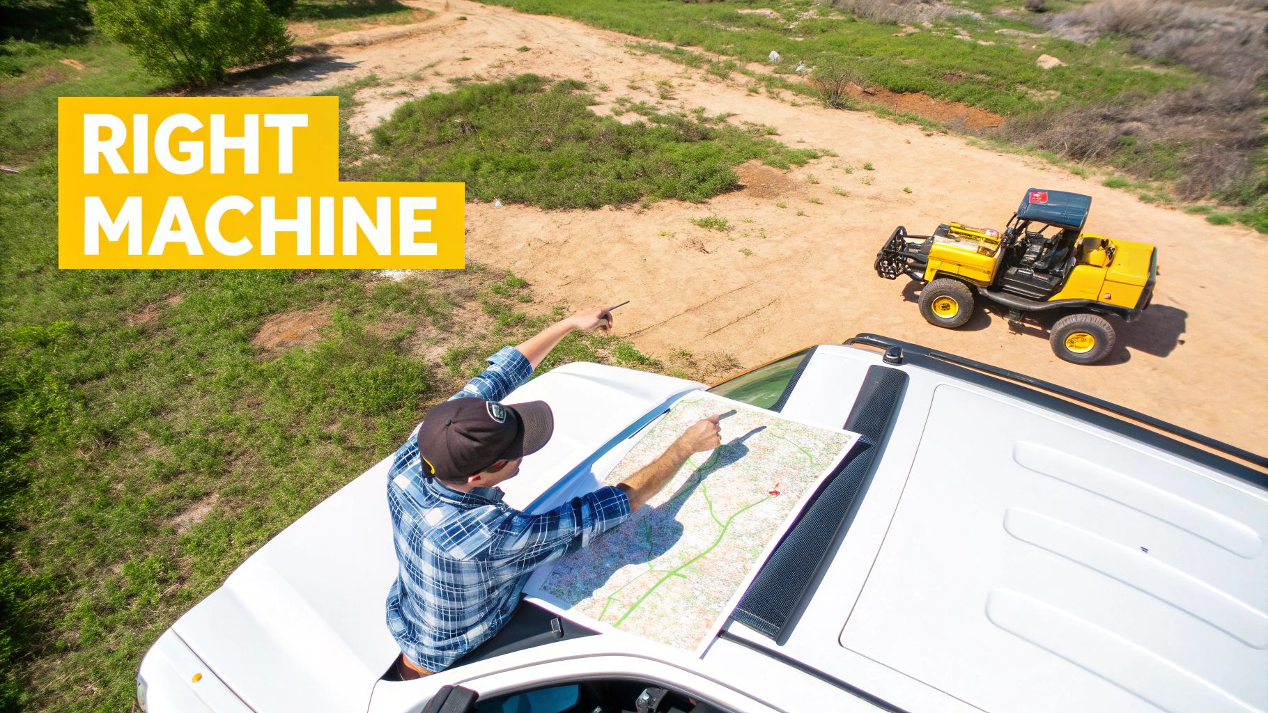 A skid steer mulcher clearing dense underbrush on a sunny day.