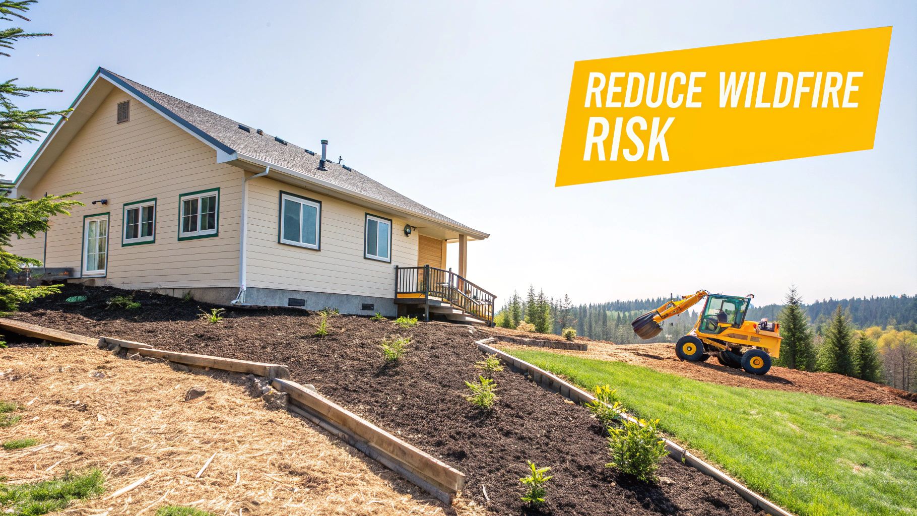 A house on a hillside with landscaping and a forestry mulcher, promoting wildfire risk reduction.