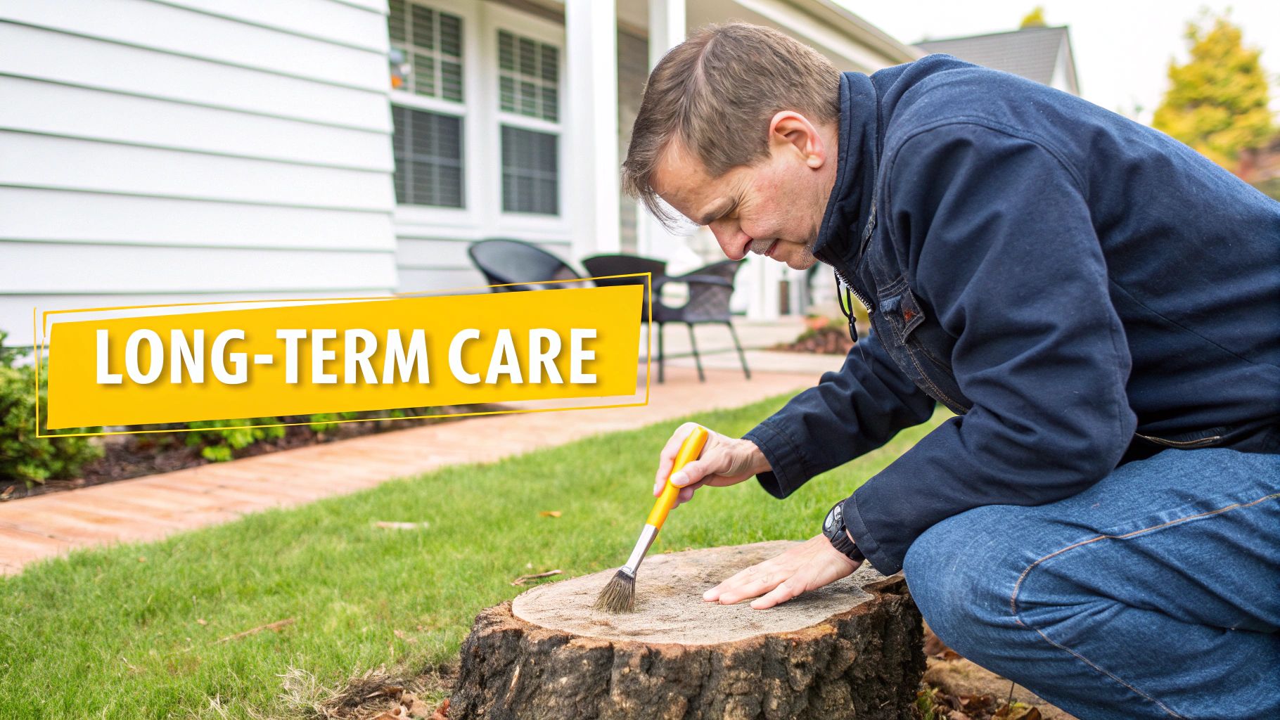 A man carefully applies a substance to a large tree stump with a brush on a green lawn.