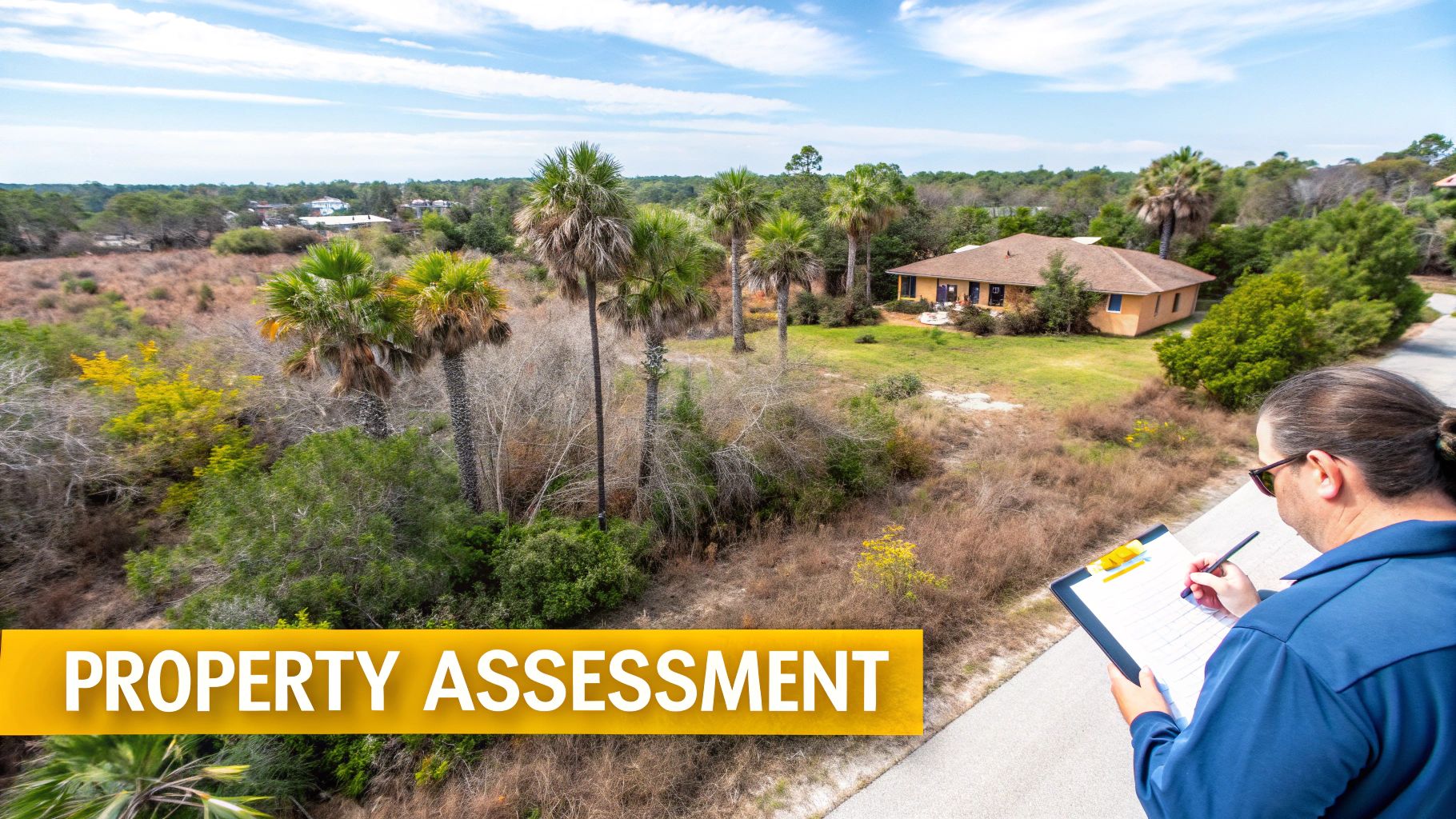 An appraiser reviews land with palm trees and a house, with a 'PROPERTY ASSESSMENT' overlay.