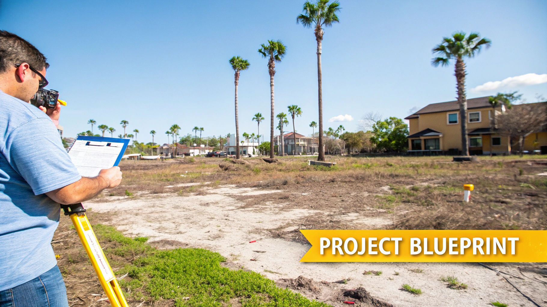 An excavator with a mulching attachment clearing dense brush and small trees in a wooded area.