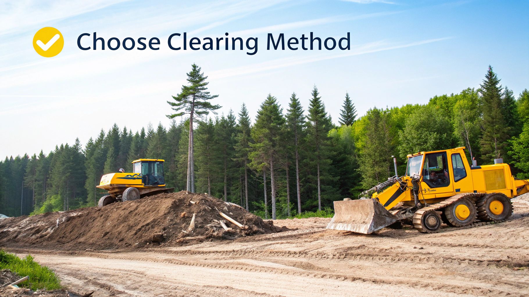 Two yellow excavators on a construction site clearing land next to a forest under a blue sky.
