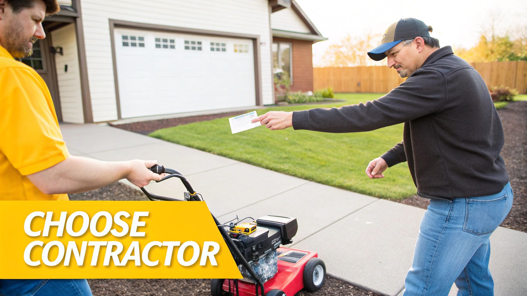 A contractor in a yellow shirt with a lawnmower receives a card from a client outside a house.