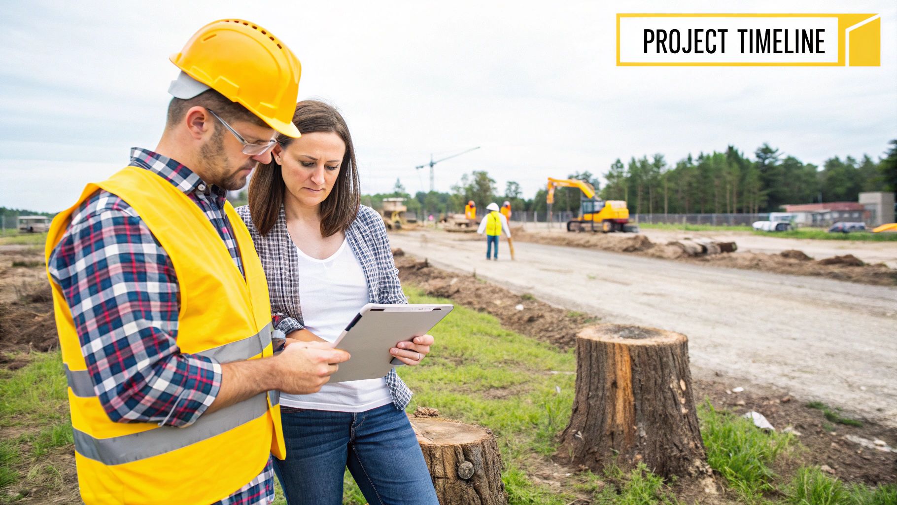 Two construction workers inspecting a project timeline on a tablet at a land clearing site.