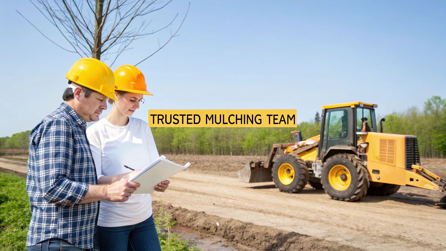 Two forestry crew members in hard hats review documents at a mulching site with heavy equipment.