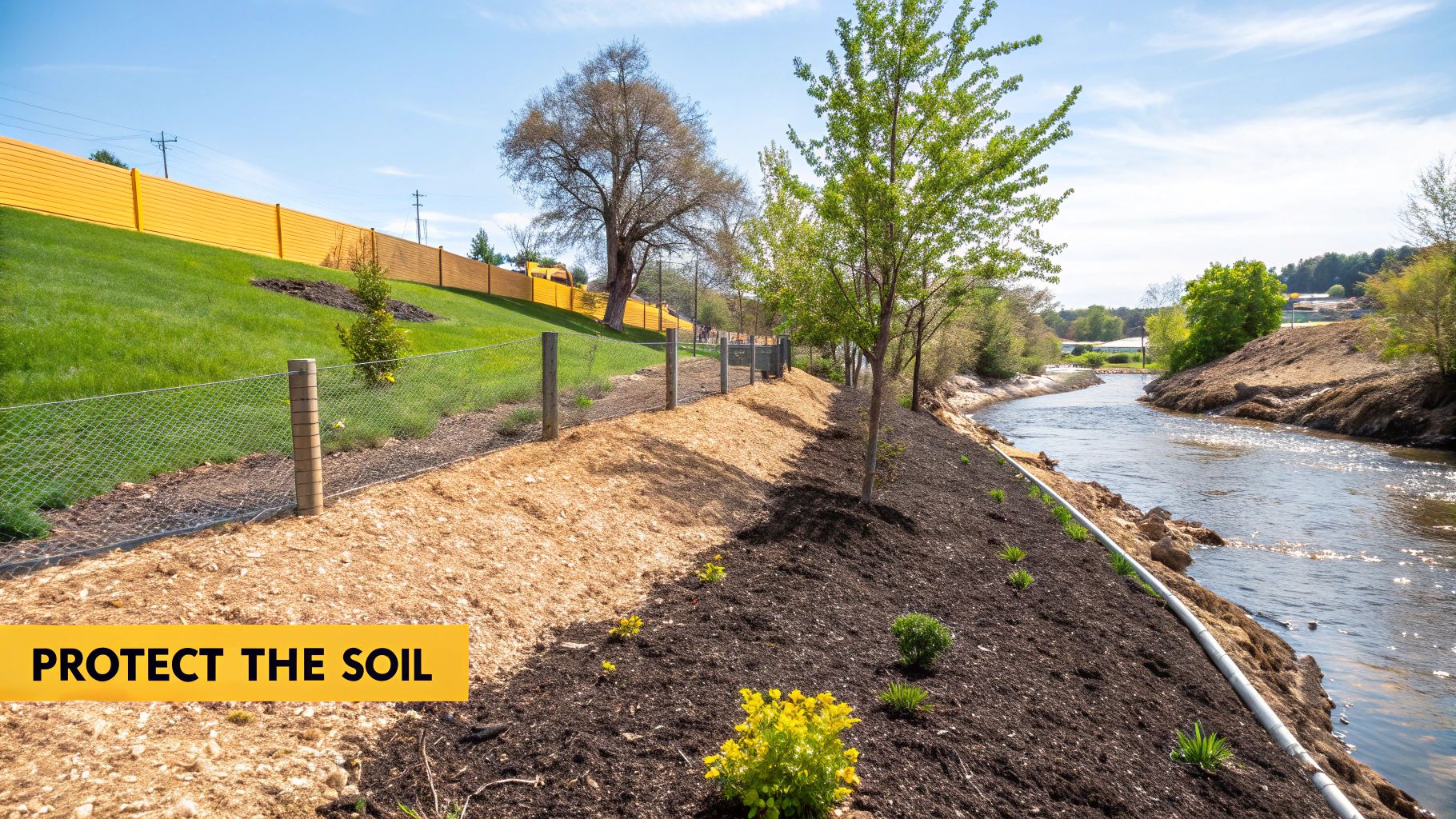 A well-landscaped riverbank with mulch, newly planted trees, a vibrant yellow fence, and a clear flowing river.