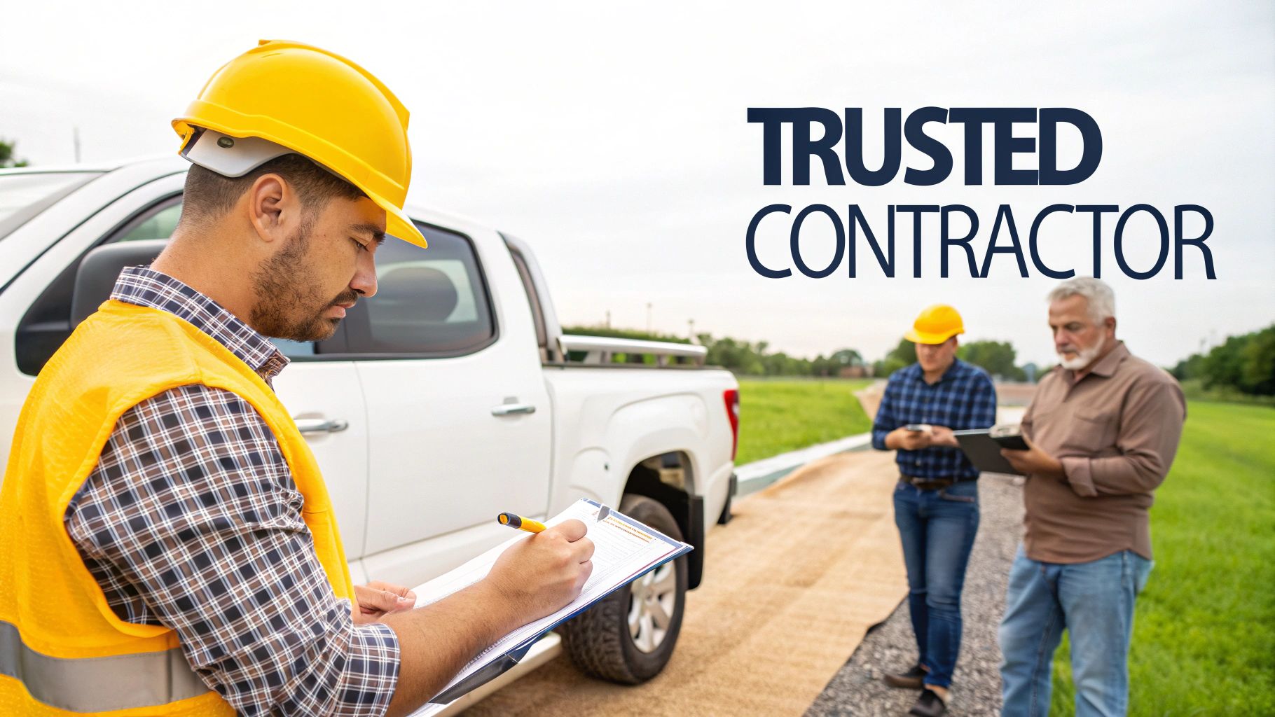 Three construction contractors on a job site, one writing on a clipboard, reviewing plans.