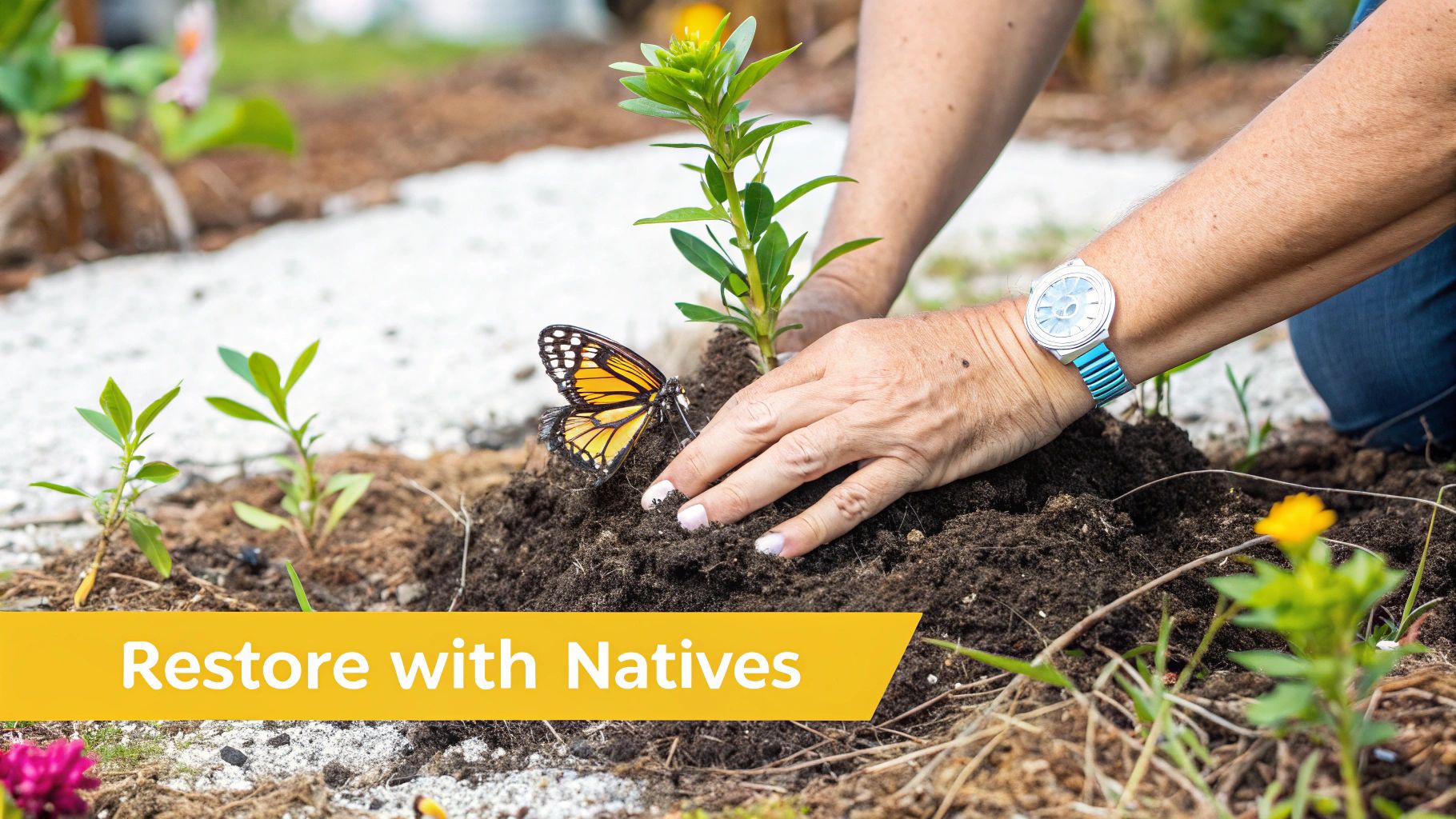 Close-up of hands planting a small native plant in soil with a butterfly nearby in a garden.