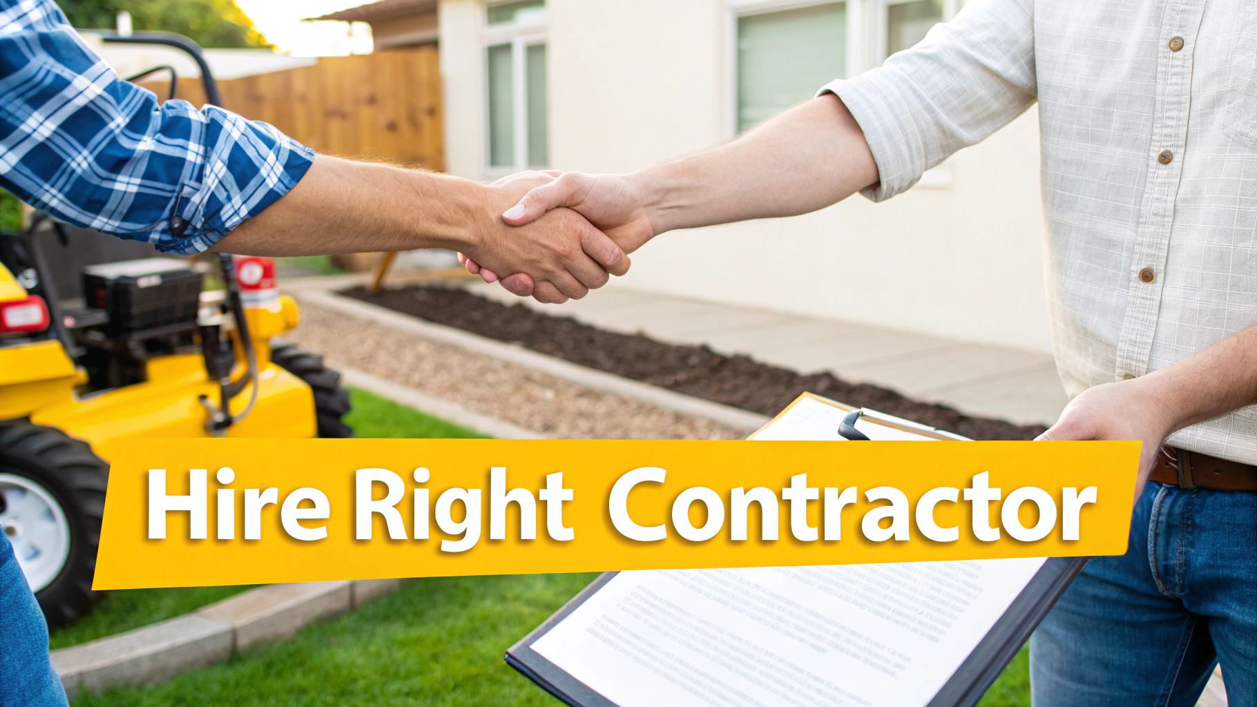 Two men, one in a plaid shirt and another holding a clipboard, shake hands, symbolizing a business agreement.