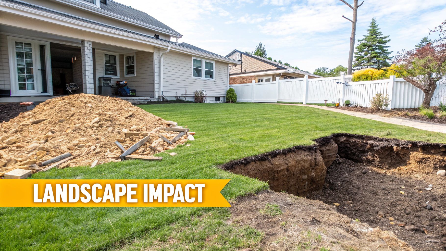 A house with a large pile of excavated dirt and a deep hole impacting the front lawn.