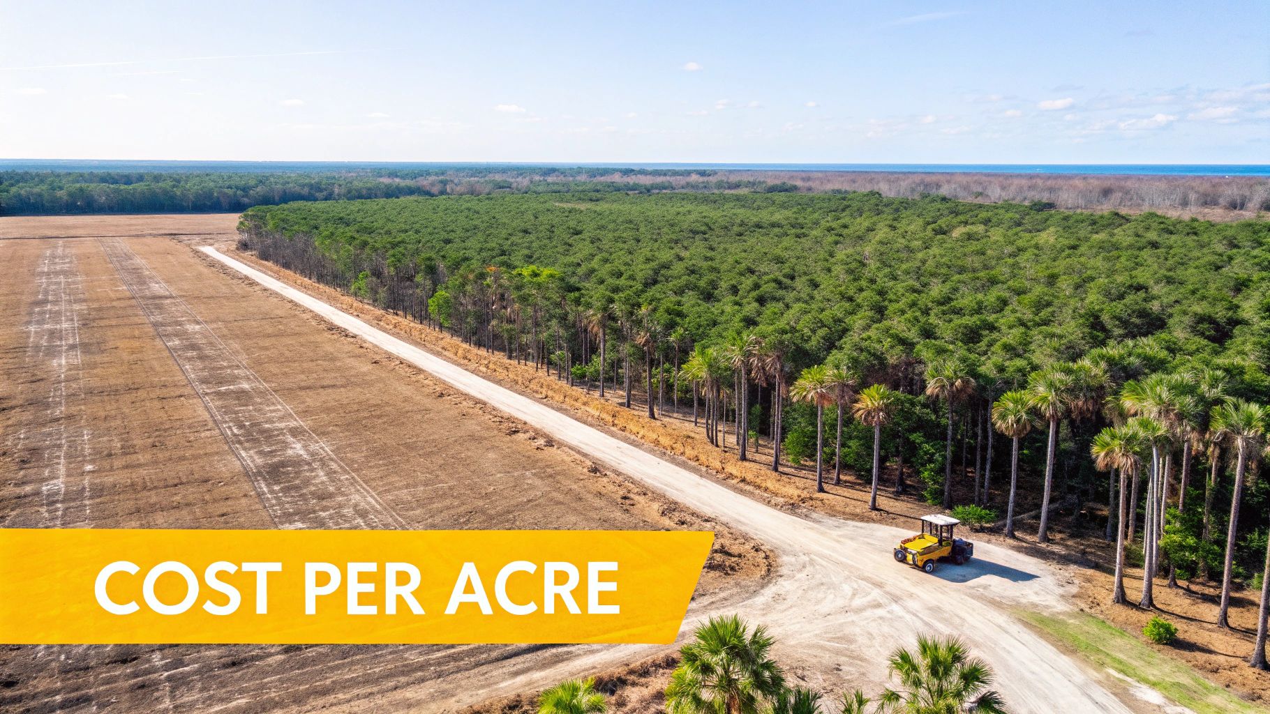 Aerial view of brown agricultural land, dirt road, forest, palm trees, and distant ocean.