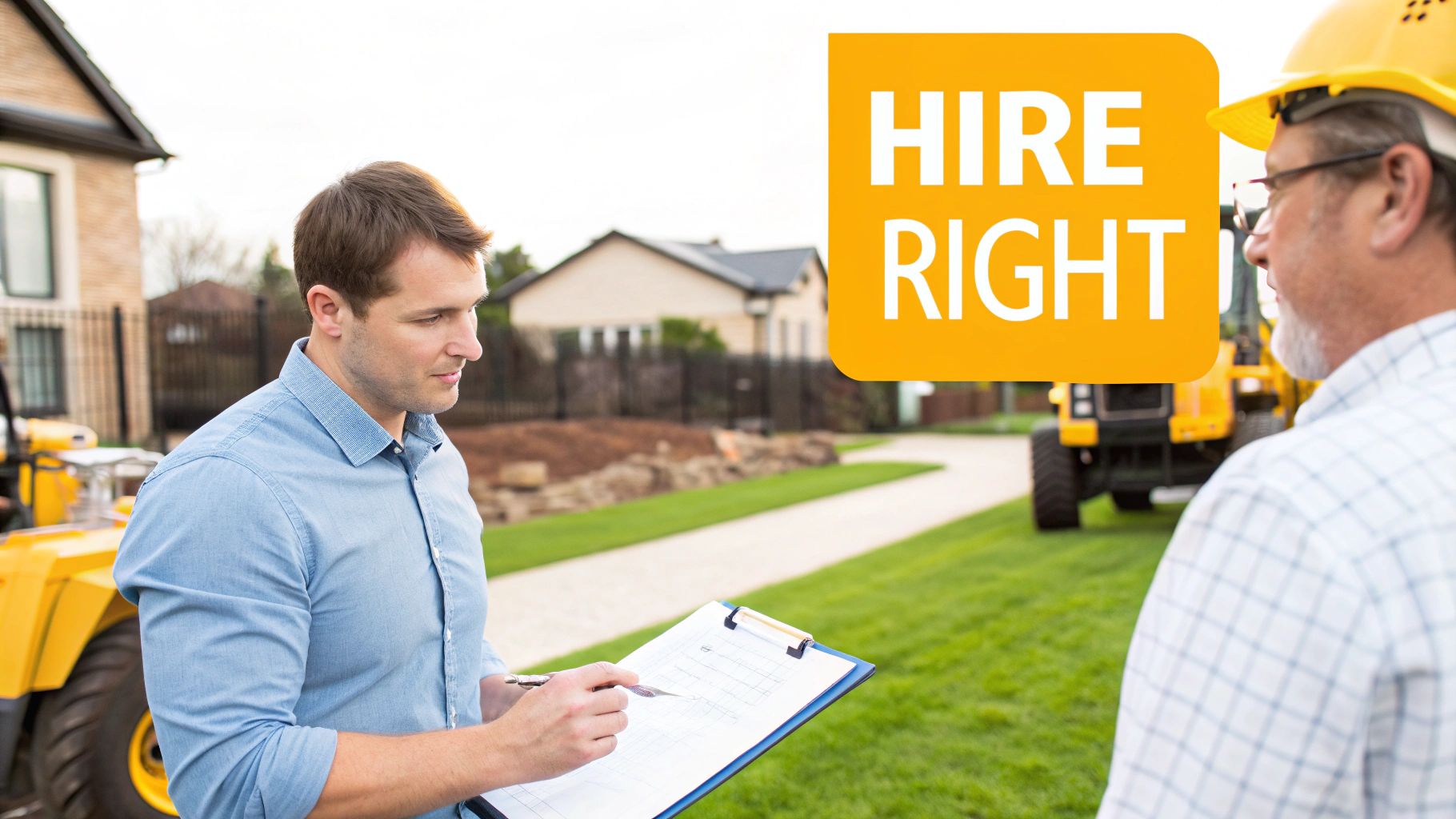 A young man with a clipboard discusses plans with an older construction worker on a job site, with heavy machinery nearby and "HIRE RIGHT" displayed.